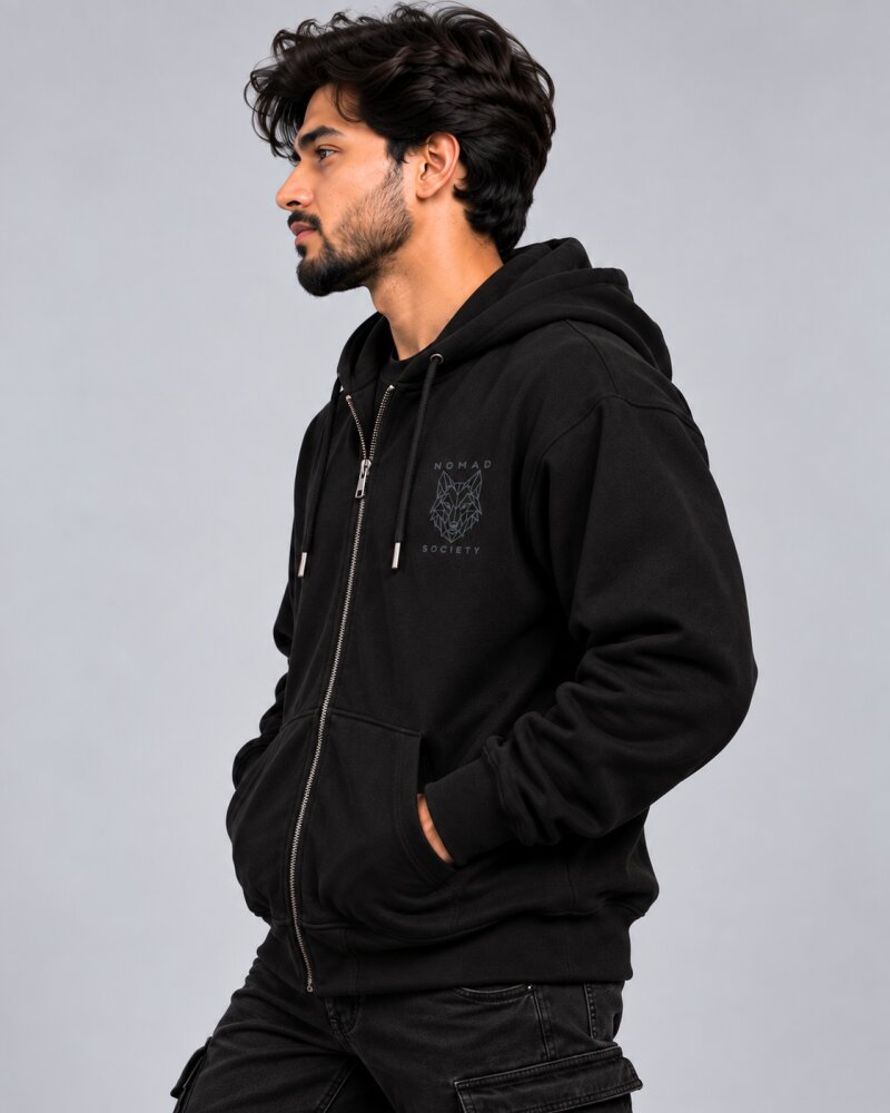 Nomad Society Black Zipper Hoodie - Haubett India product image