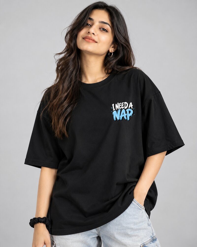 Need A Nap Black Oversized T-Shirt - Haubett India product image
