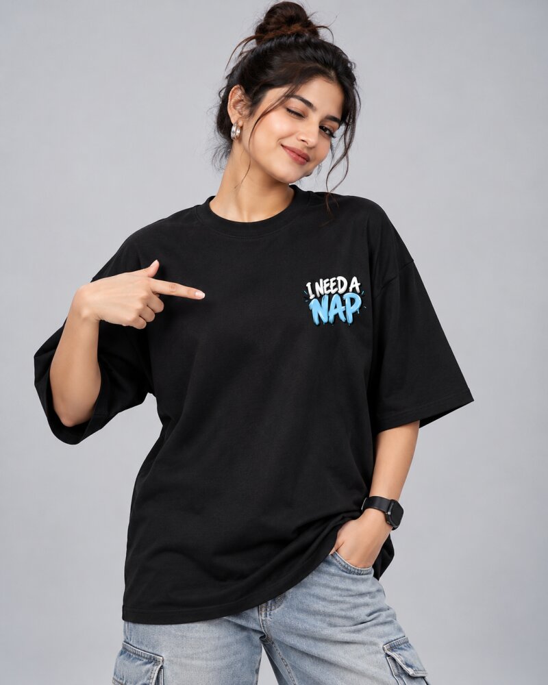 Need A Nap Black Oversized T-Shirt - Haubett India product image