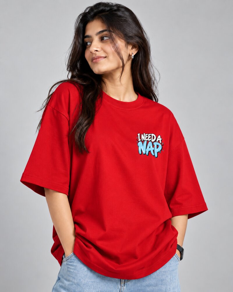 Need A Nap Red Oversized T-Shirt - Haubett India product image