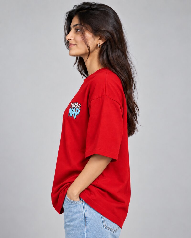 Need A Nap Red Oversized T-Shirt - Haubett India product image