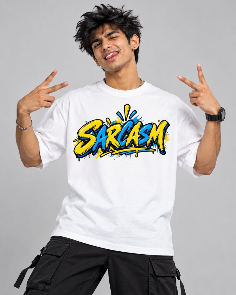 Sarcasm White Oversized T-Shirt - Haubett India product image