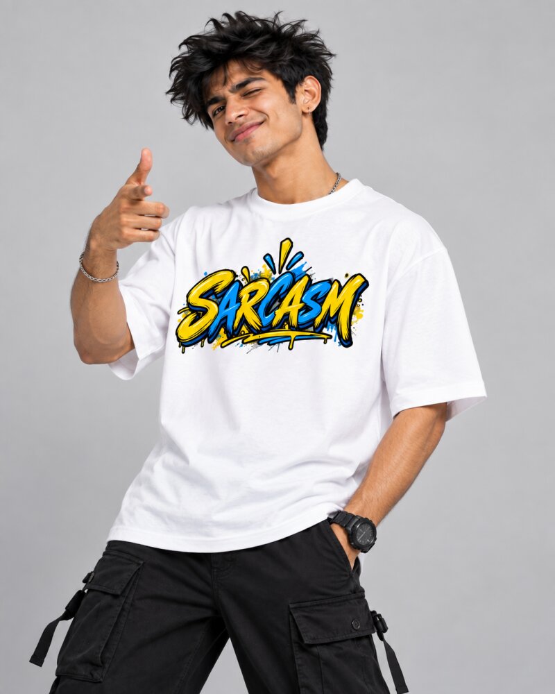Sarcasm White Oversized T-Shirt - Haubett India product image