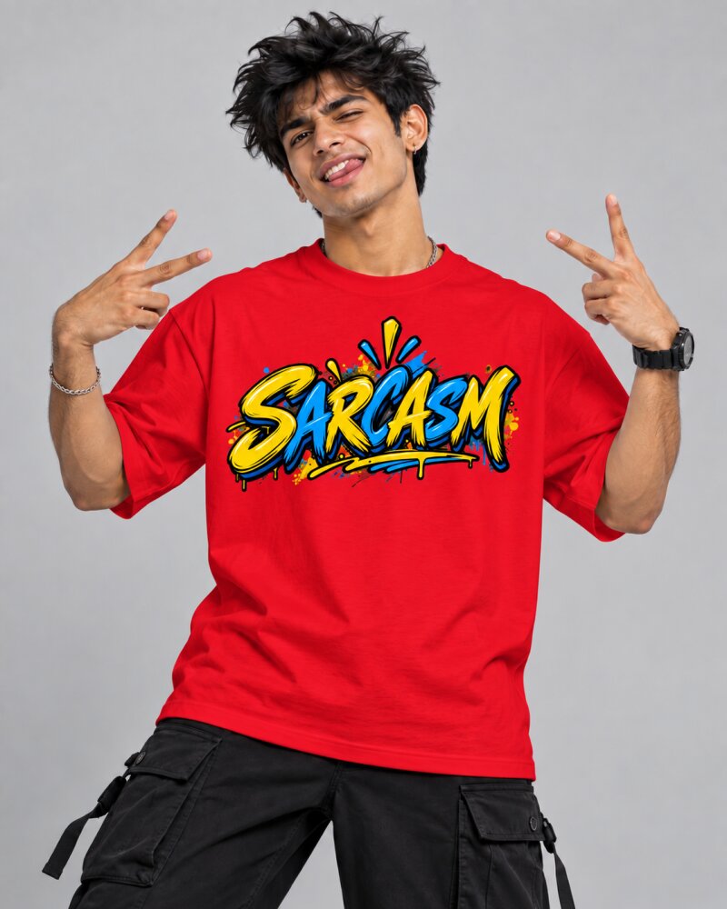 Sarcasm Red Oversized T-Shirt - Haubett India product image