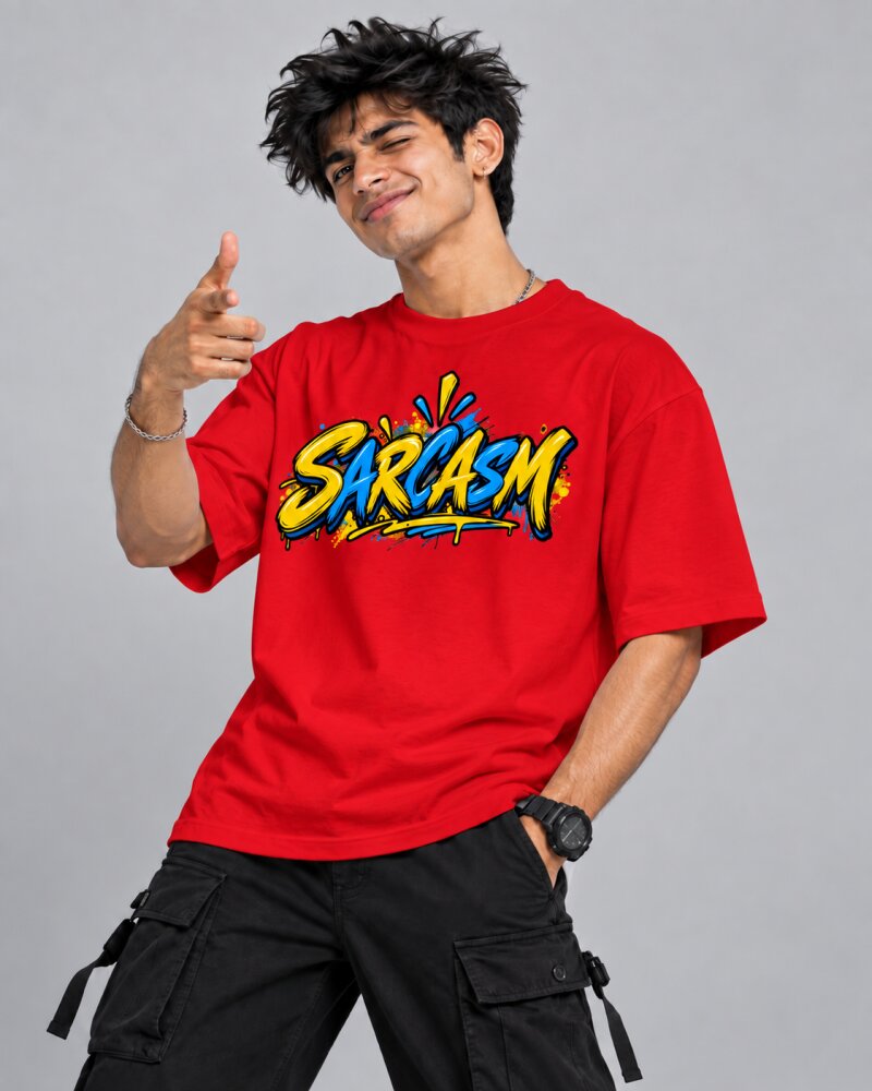 Sarcasm Red Oversized T-Shirt - Haubett India product image