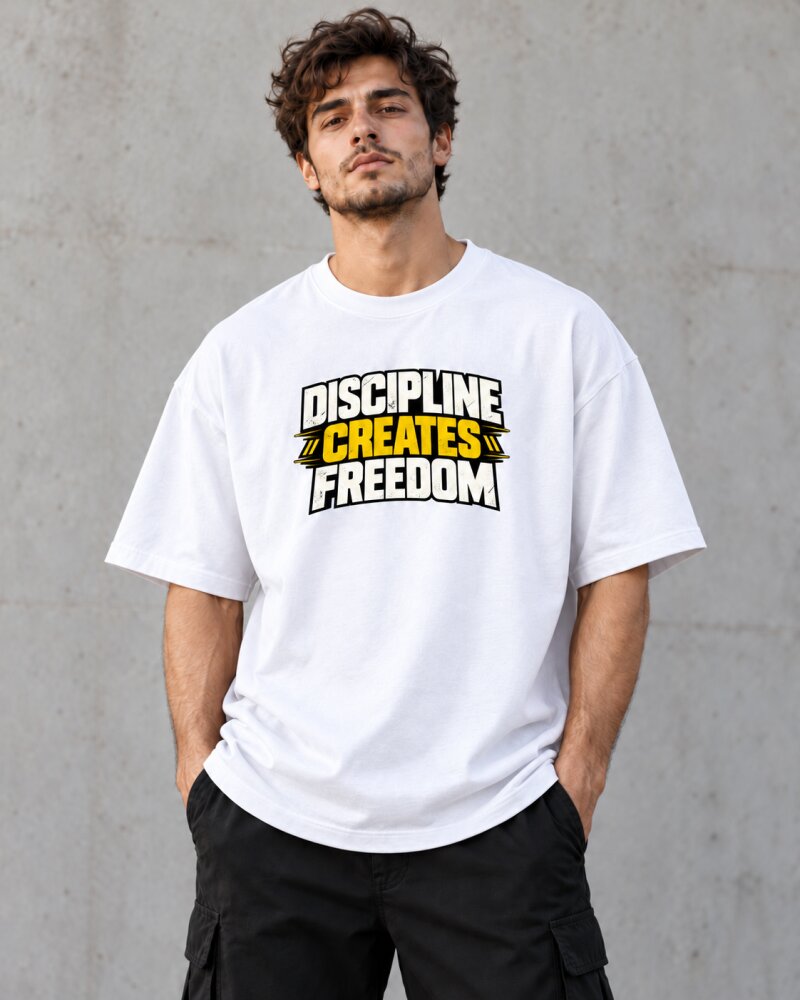 Discipline Creates Freedom White Oversized T-Shirt - Haubett India product image