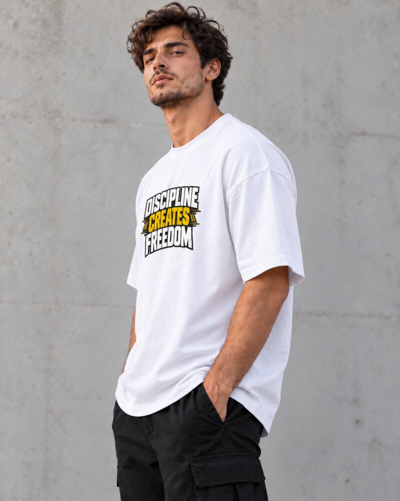 Discipline Creates Freedom White Oversized T-Shirt - Haubett India product image