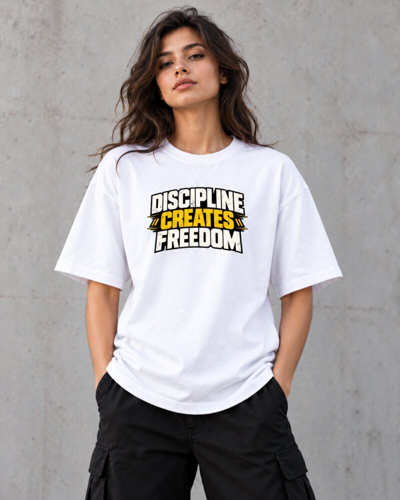 Discipline Creates Freedom White Oversized T-Shirt - Haubett India product image