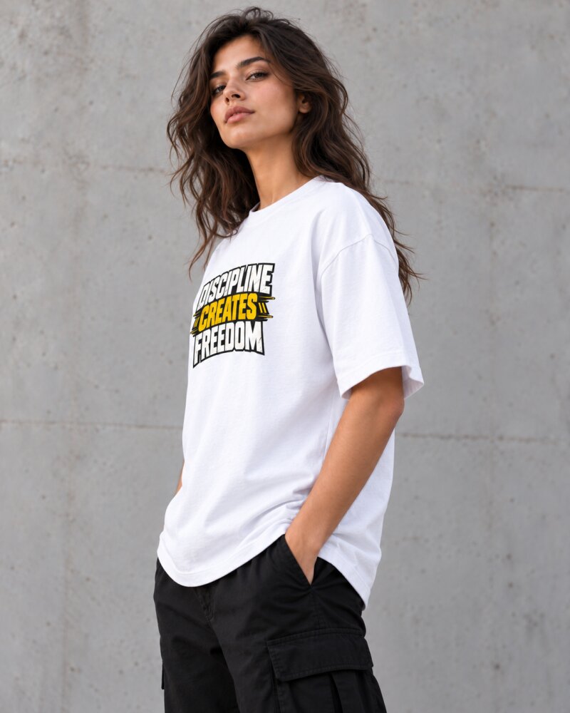 Discipline Creates Freedom White Oversized T-Shirt - Haubett India product image