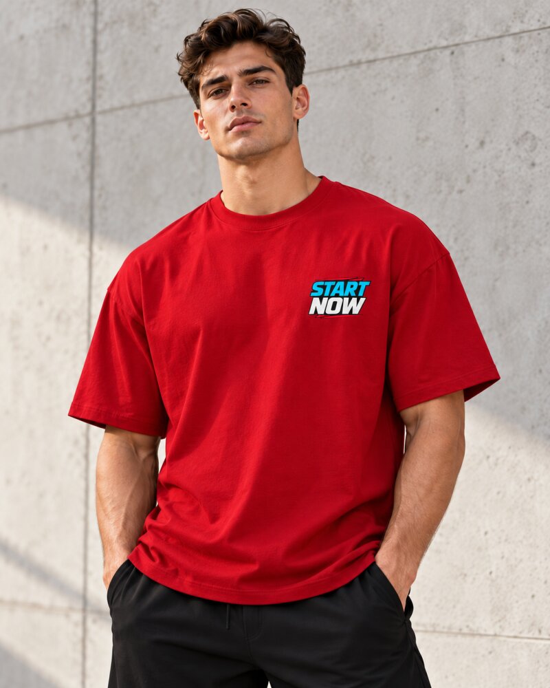 Start Now Red Oversized T-Shirt - Haubett India product image