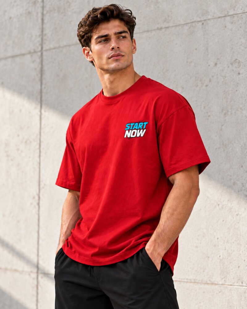Start Now Red Oversized T-Shirt - Haubett India product image