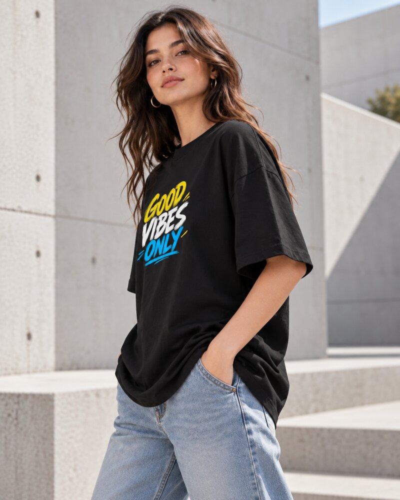 Good Vibe Only Black Oversized T-Shirt - Haubett India product image