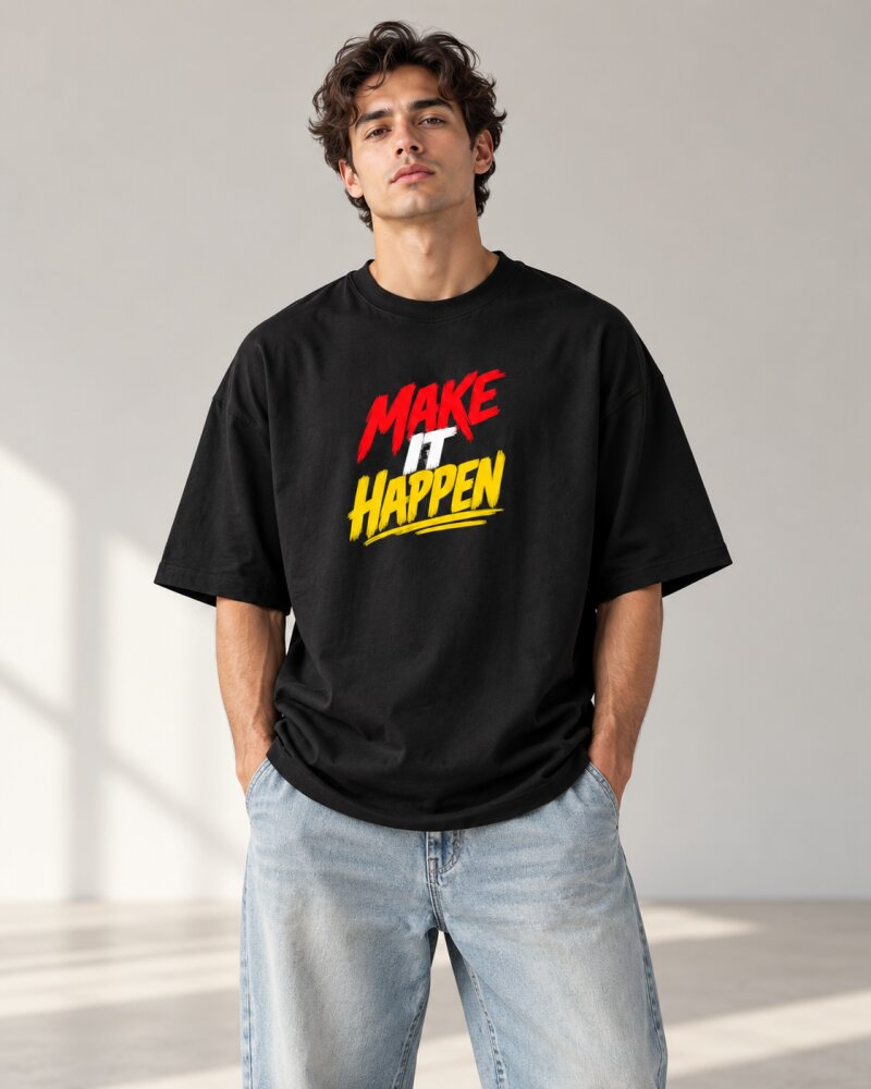 Make It Happen Black Oversized T-Shirt - Haubett India product image