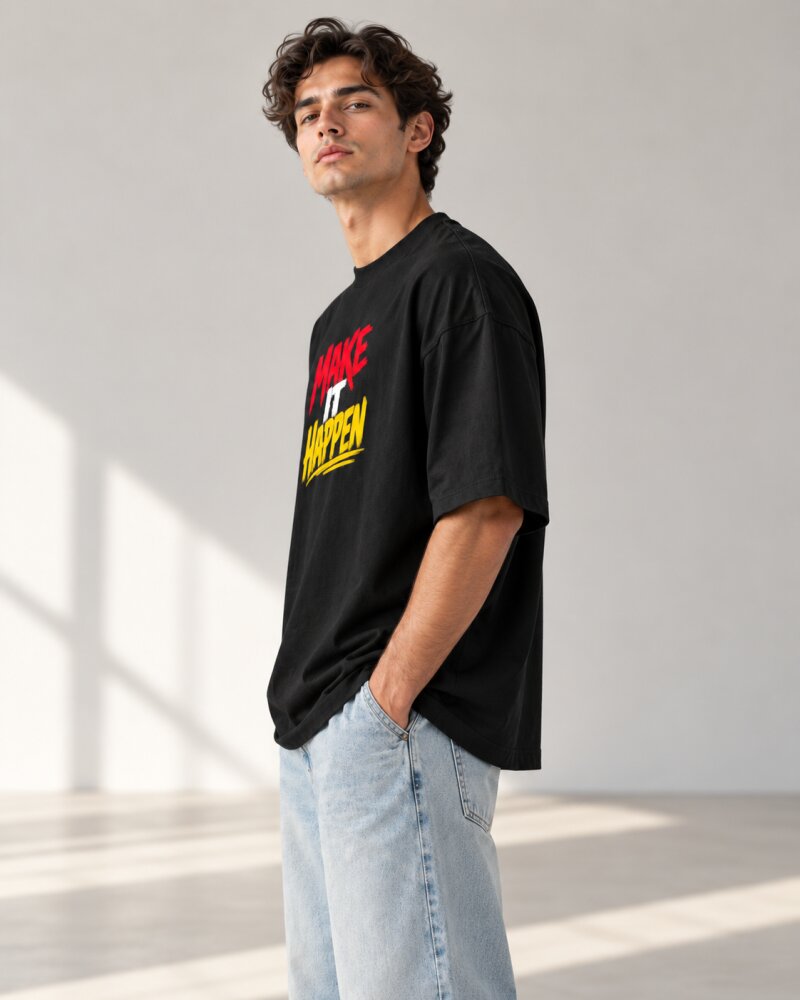 Make It Happen Black Oversized T-Shirt - Haubett India product image