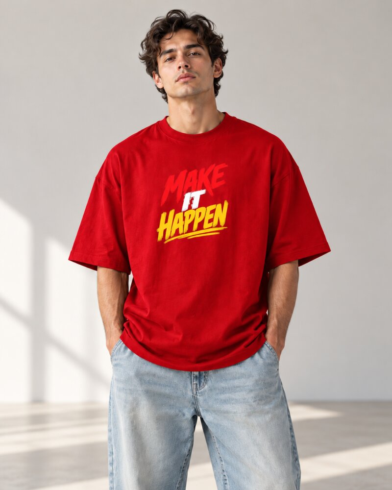 Make It Happen Red Oversized T-Shirt - Haubett India product image
