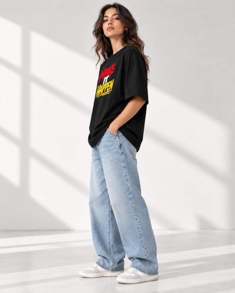 Make It Happen Black Oversized T-Shirt - Haubett India product image