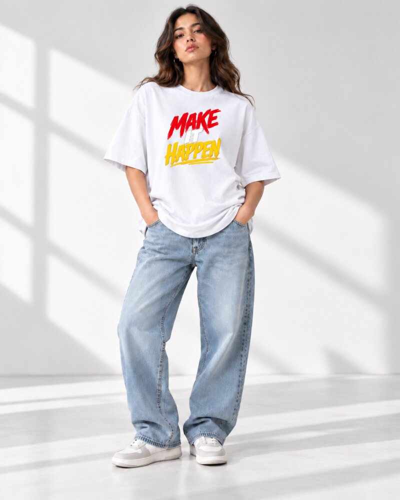 Make It Happen White Oversized T-Shirt - Haubett India product image