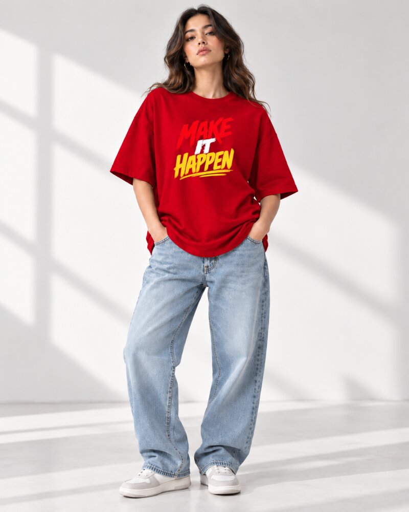 Make It Happen Red Oversized T-Shirt - Haubett India product image