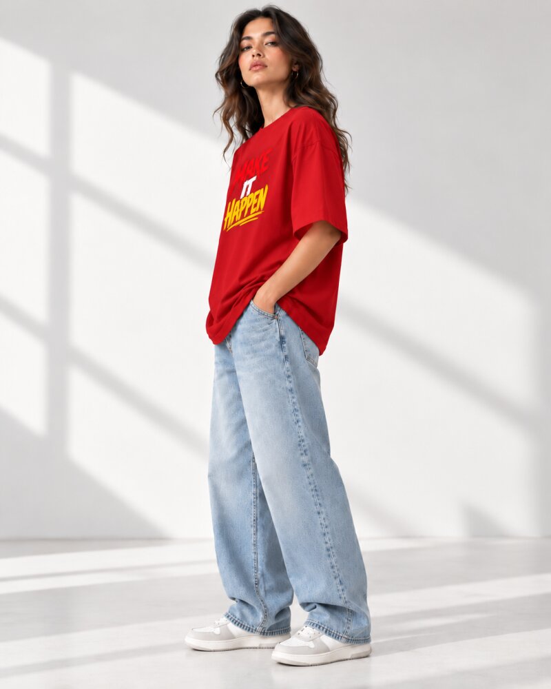 Make It Happen Red Oversized T-Shirt - Haubett India product image
