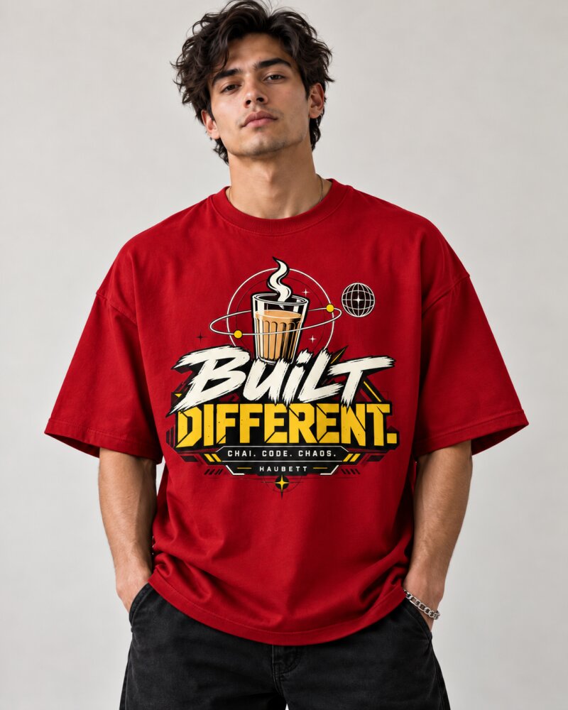 Built Different Red Oversized T-Shirt - Haubett India product image
