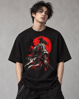Crimson Sun Ronin Warrior Black Oversized T-Shirt - Haubett India product image