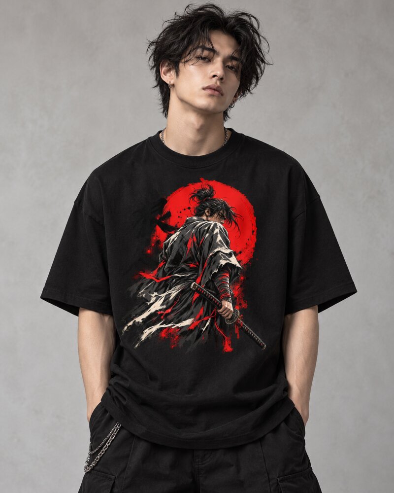 Crimson Sun Ronin Warrior Black Oversized T-Shirt - Haubett India product image