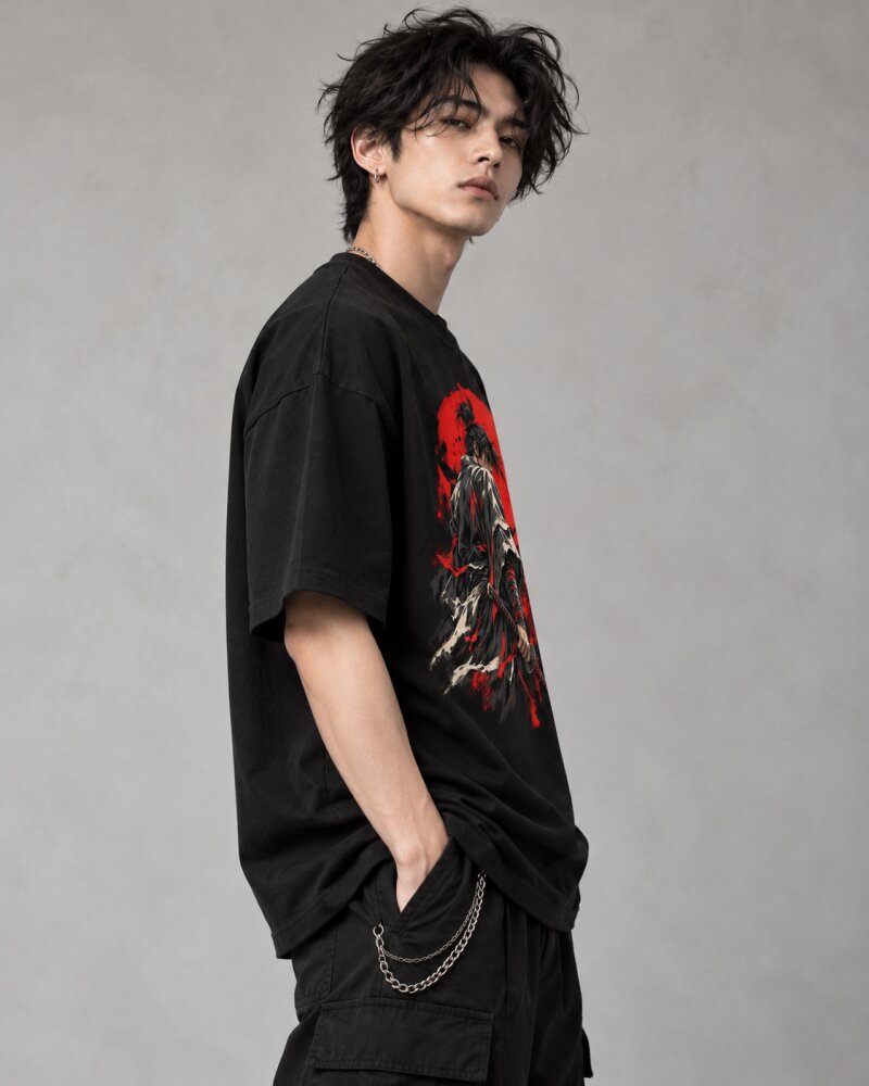 Crimson Sun Ronin Warrior Black Oversized T-Shirt - Haubett India product image