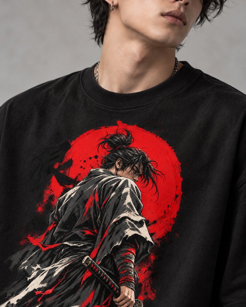 Crimson Sun Ronin Warrior Black Oversized T-Shirt - Haubett India product image