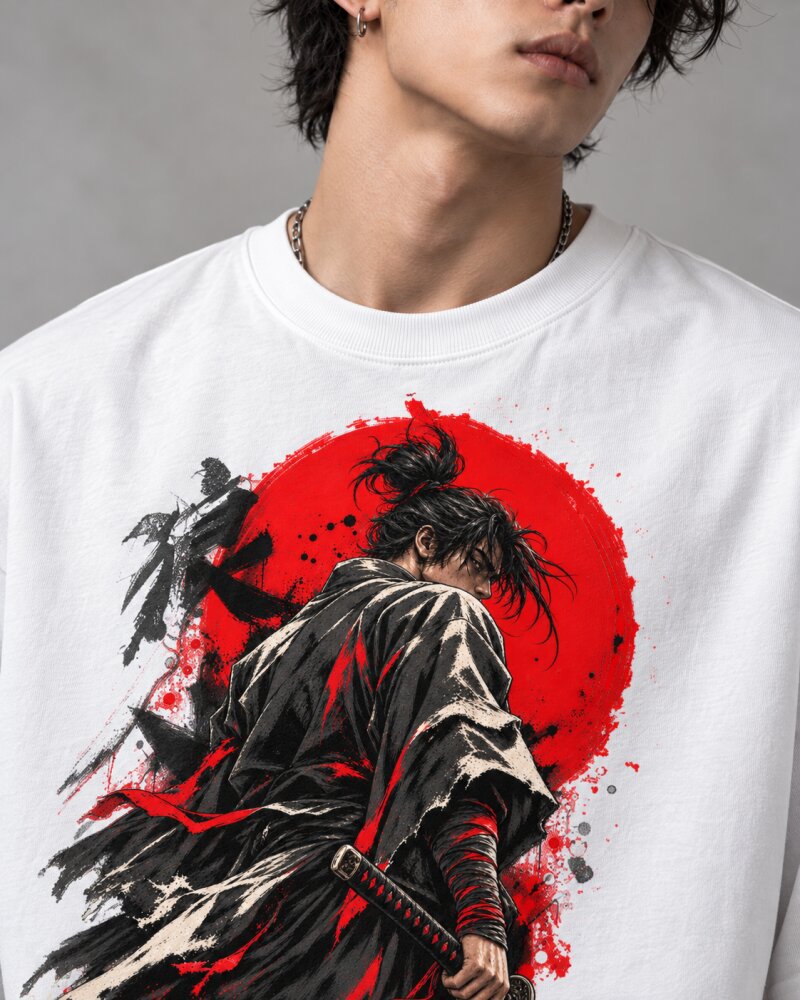 Crimson Sun Ronin Warrior White Oversized T-Shirt - Haubett India product image