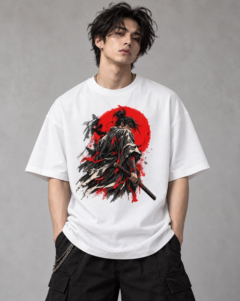 Crimson Sun Ronin Warrior White Oversized T-Shirt - Haubett India product image