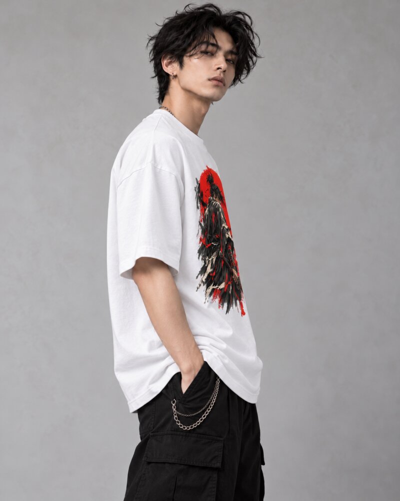 Crimson Sun Ronin Warrior White Oversized T-Shirt - Haubett India product image