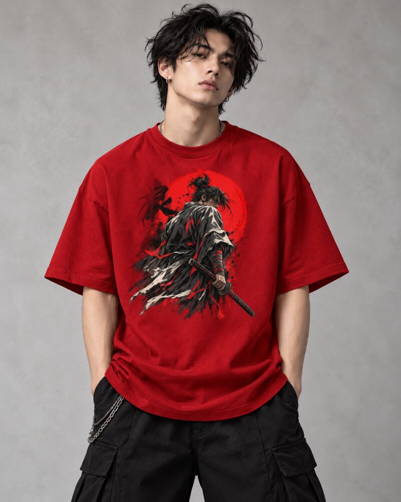 Crimson Sun Ronin Warrior Red Oversized T-Shirt - Haubett India product image