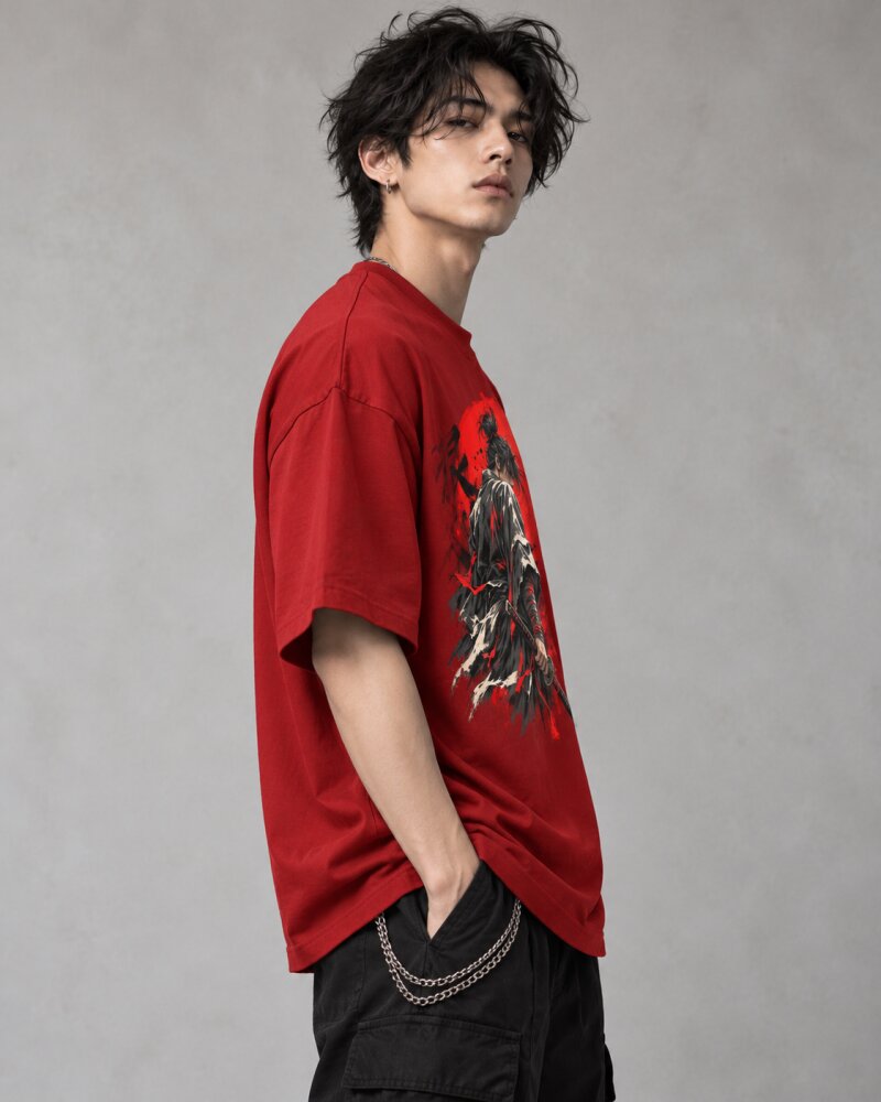 Crimson Sun Ronin Warrior Red Oversized T-Shirt - Haubett India product image