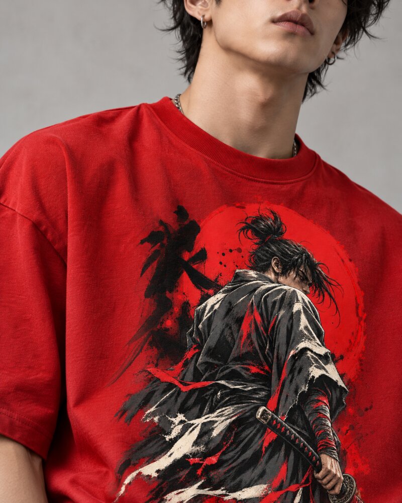 Crimson Sun Ronin Warrior Red Oversized T-Shirt - Haubett India product image