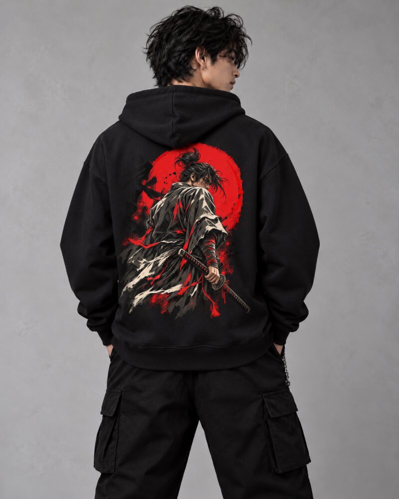 Crimson Sun Ronin Warrior Black Zipper Hoodie - Haubett India product image