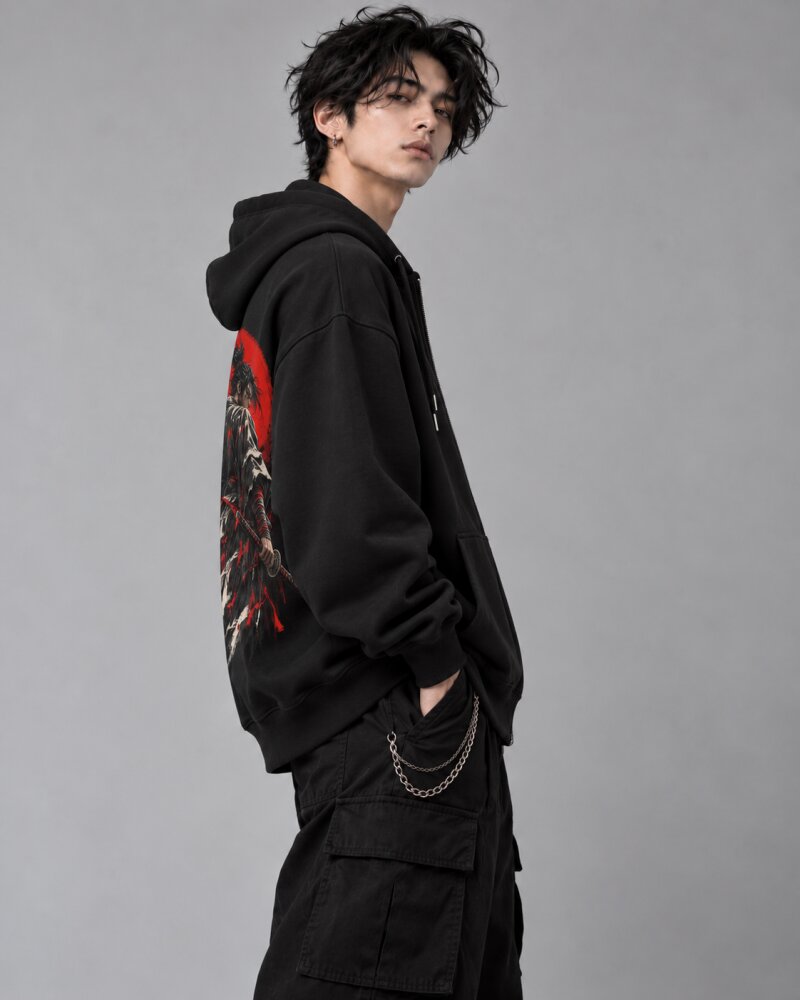 Crimson Sun Ronin Warrior Black Zipper Hoodie - Haubett India product image