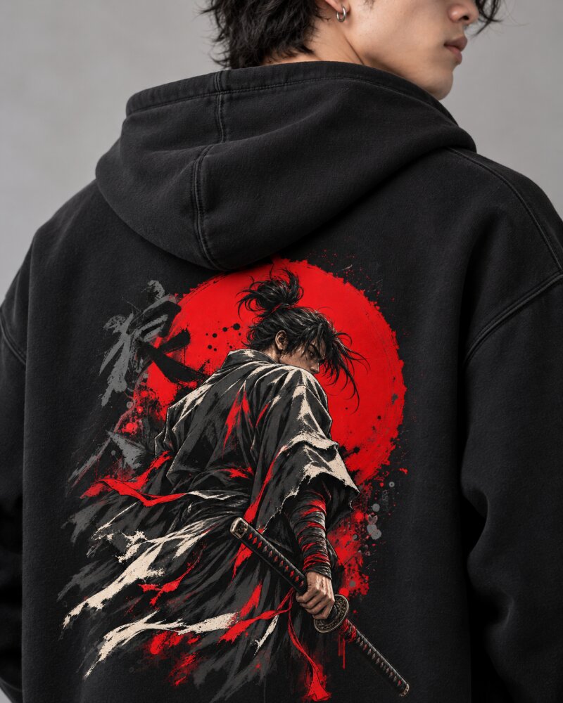 Crimson Sun Ronin Warrior Black Zipper Hoodie - Haubett India product image
