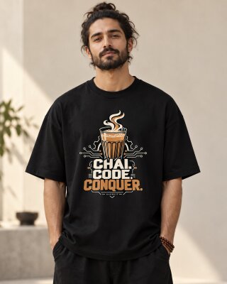 Chai Code Conquer Black Oversized T-Shirt - Haubett India product image