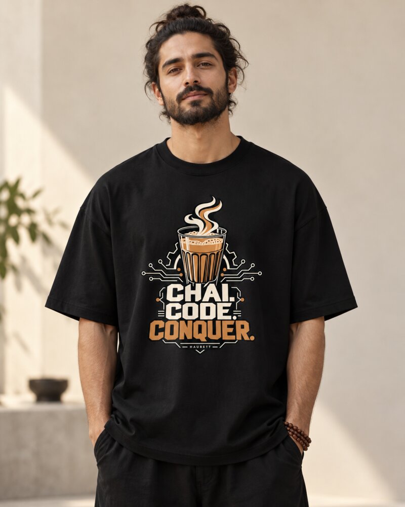 Chai Code Conquer Black Oversized T-Shirt - Haubett India product image