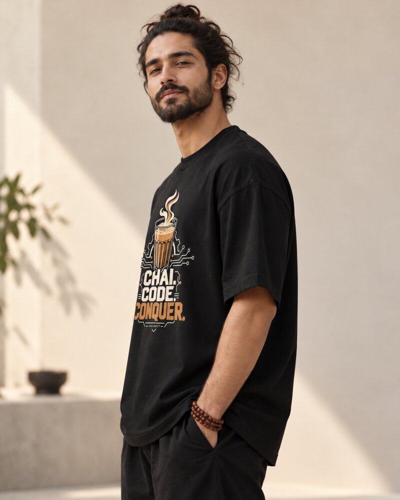 Chai Code Conquer Black Oversized T-Shirt - Haubett India product image
