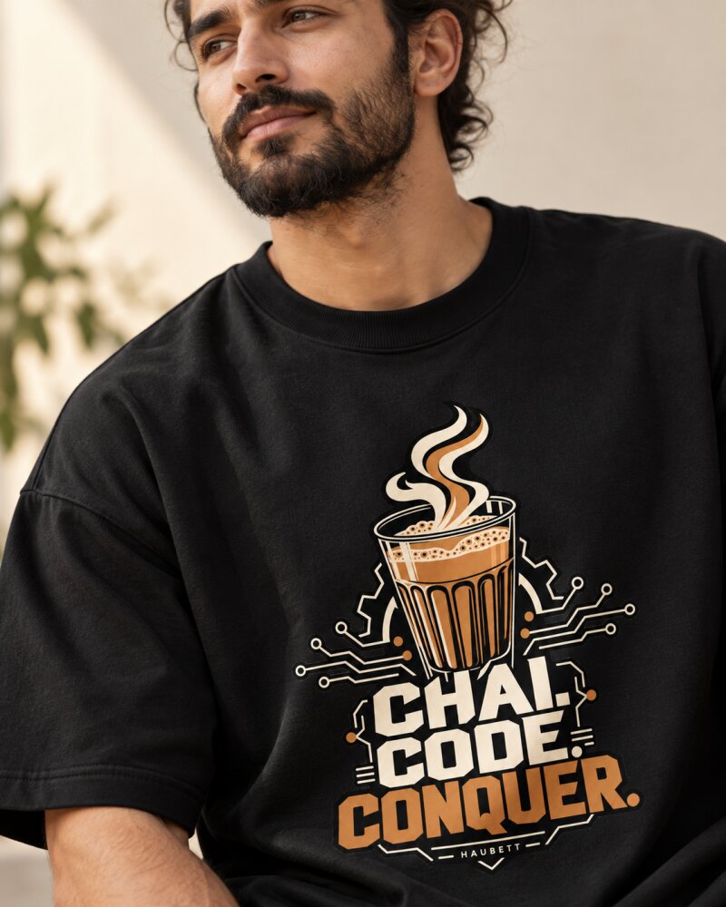 Chai Code Conquer Black Oversized T-Shirt - Haubett India product image
