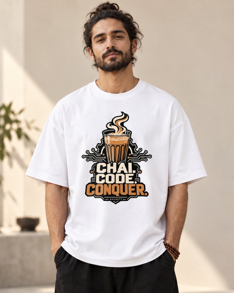 Chai Code Conquer White Oversized T-Shirt - Haubett India product image