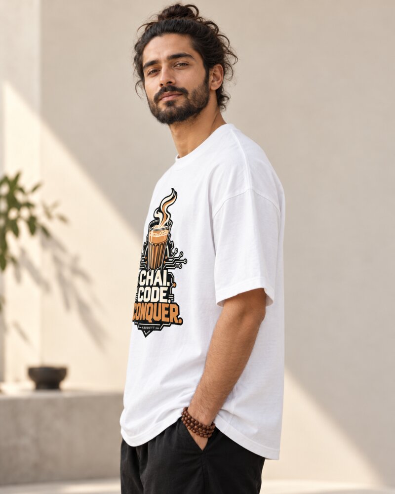 Chai Code Conquer White Oversized T-Shirt - Haubett India product image