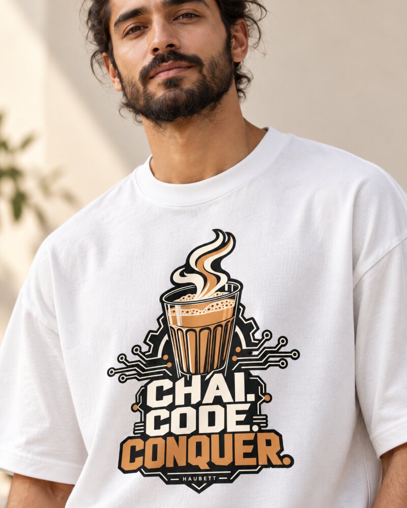 Chai Code Conquer White Oversized T-Shirt - Haubett India product image