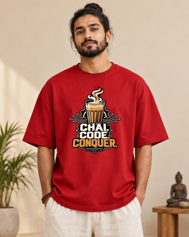 Chai Code Conquer Red Oversized T-Shirt - Haubett India product image