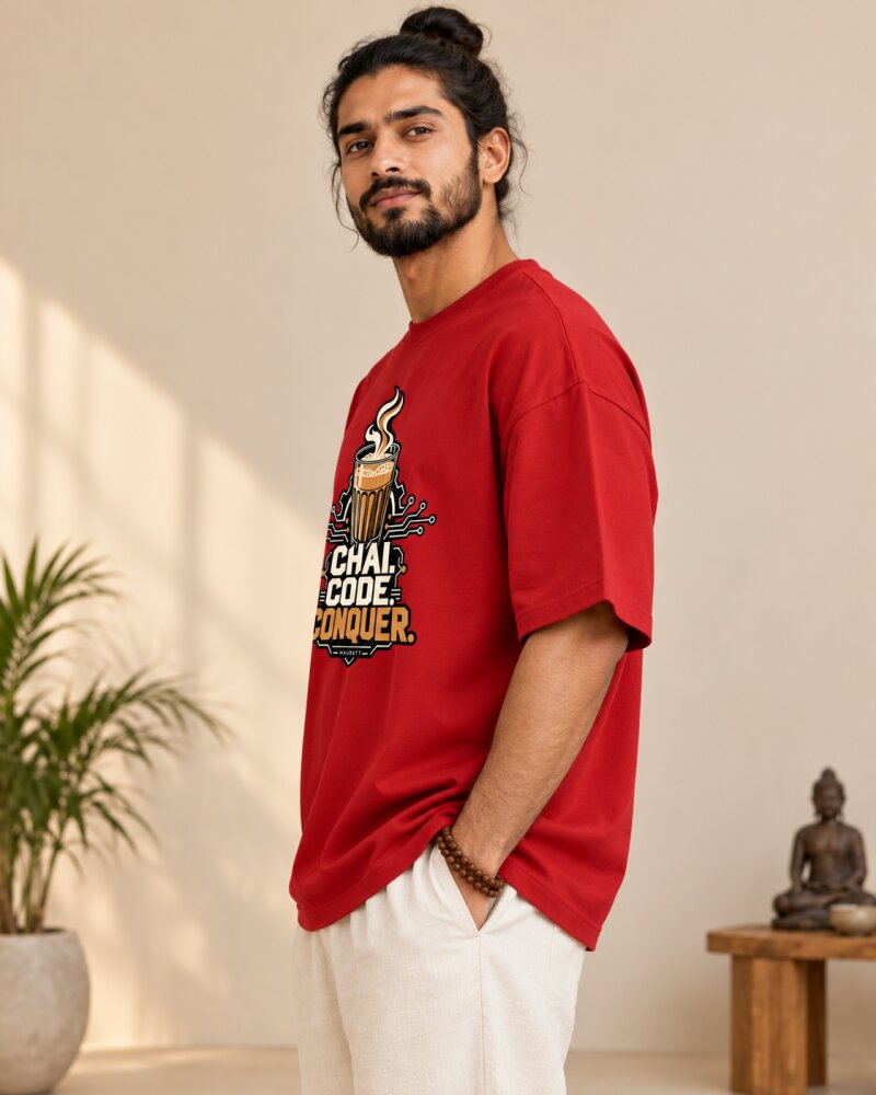 Chai Code Conquer Red Oversized T-Shirt - Haubett India product image