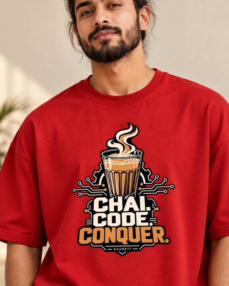 Chai Code Conquer Red Oversized T-Shirt - Haubett India product image