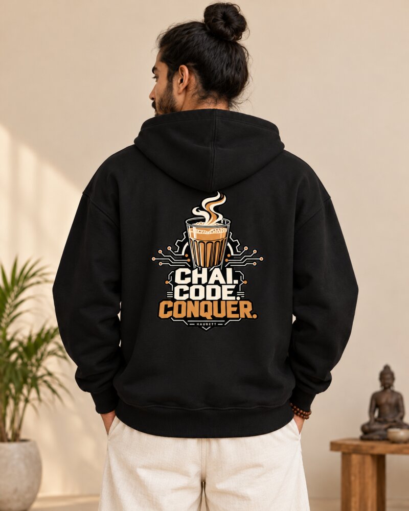 Chai Code Conquer Black Zipper Hoodie - Haubett India product image