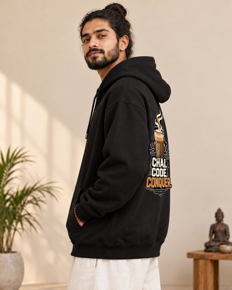 Chai Code Conquer Black Zipper Hoodie - Haubett India product image