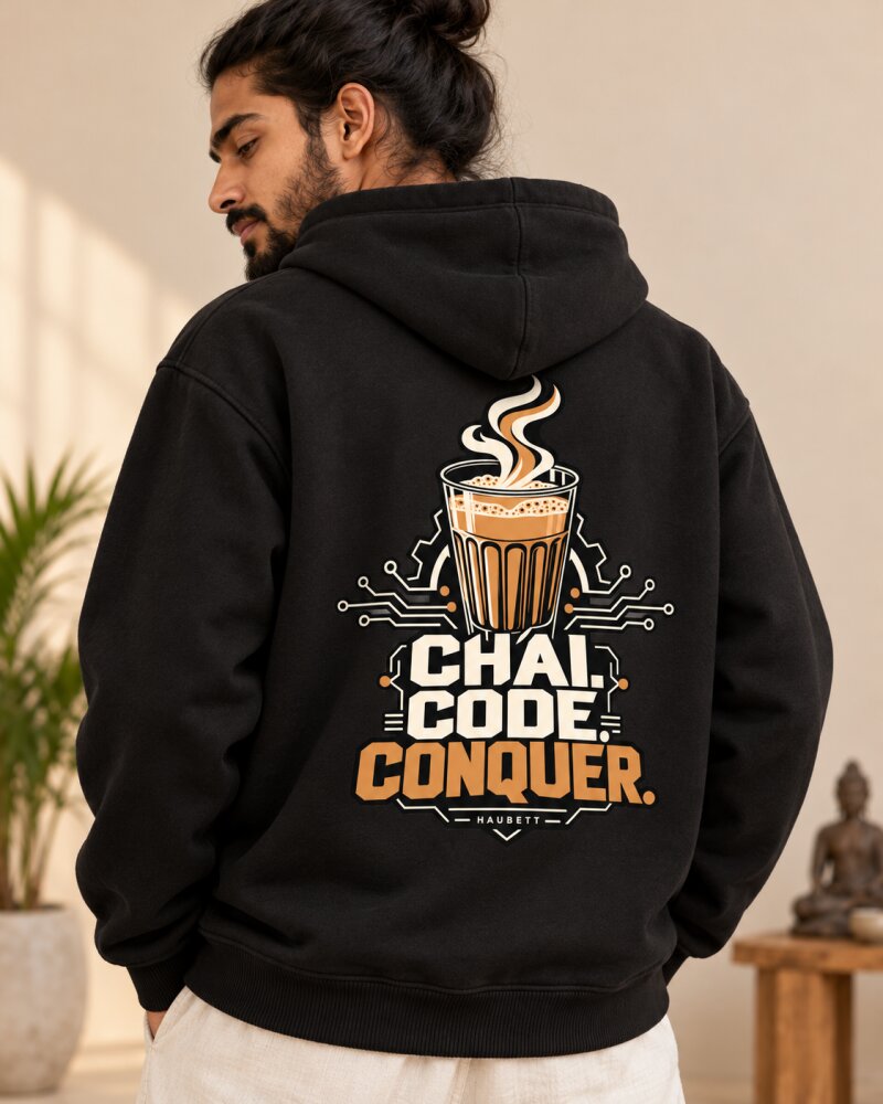 Chai Code Conquer Black Zipper Hoodie - Haubett India product image
